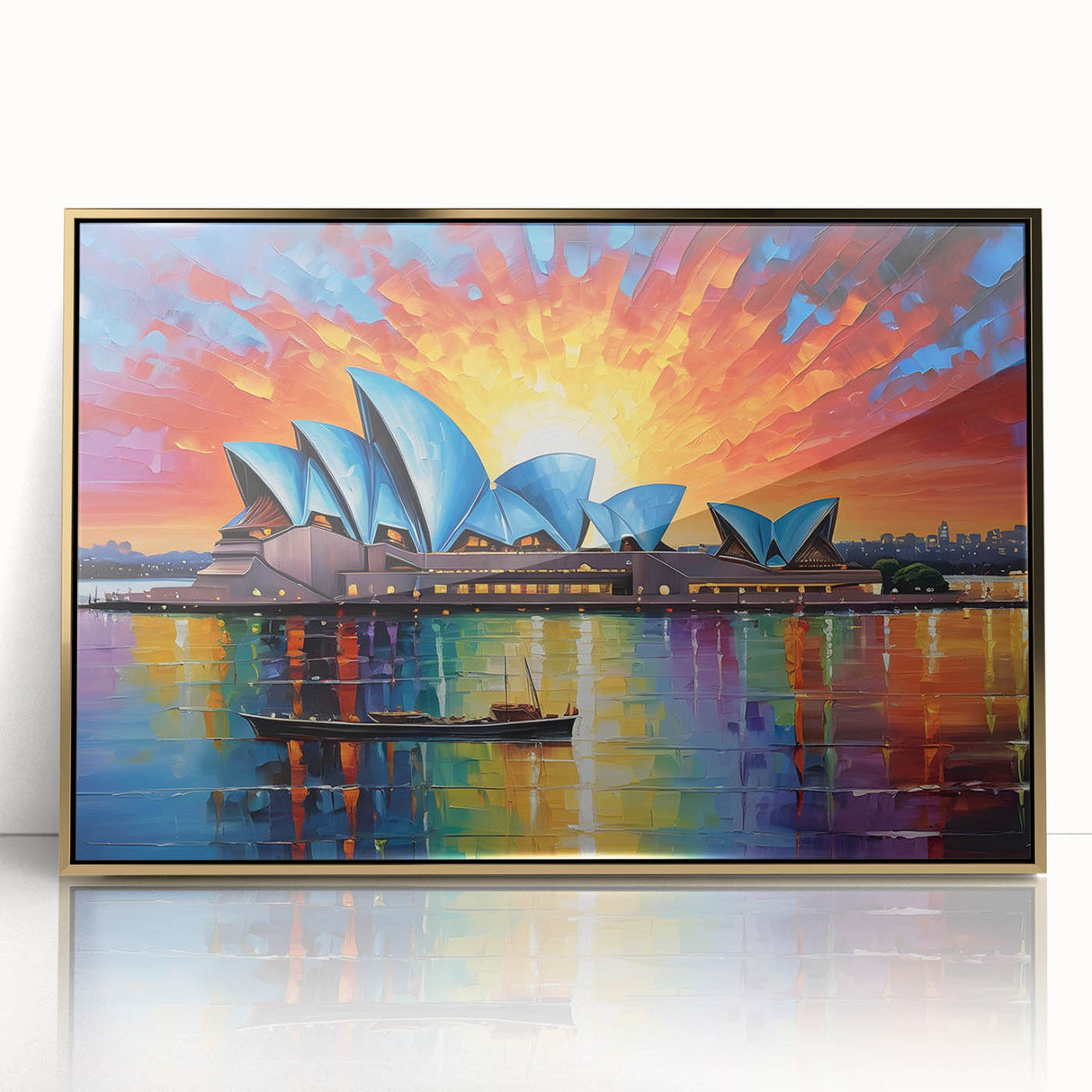 Mid-century modernist art depicting Sydney skyline in muted gold and blue tones on framed acrylic.