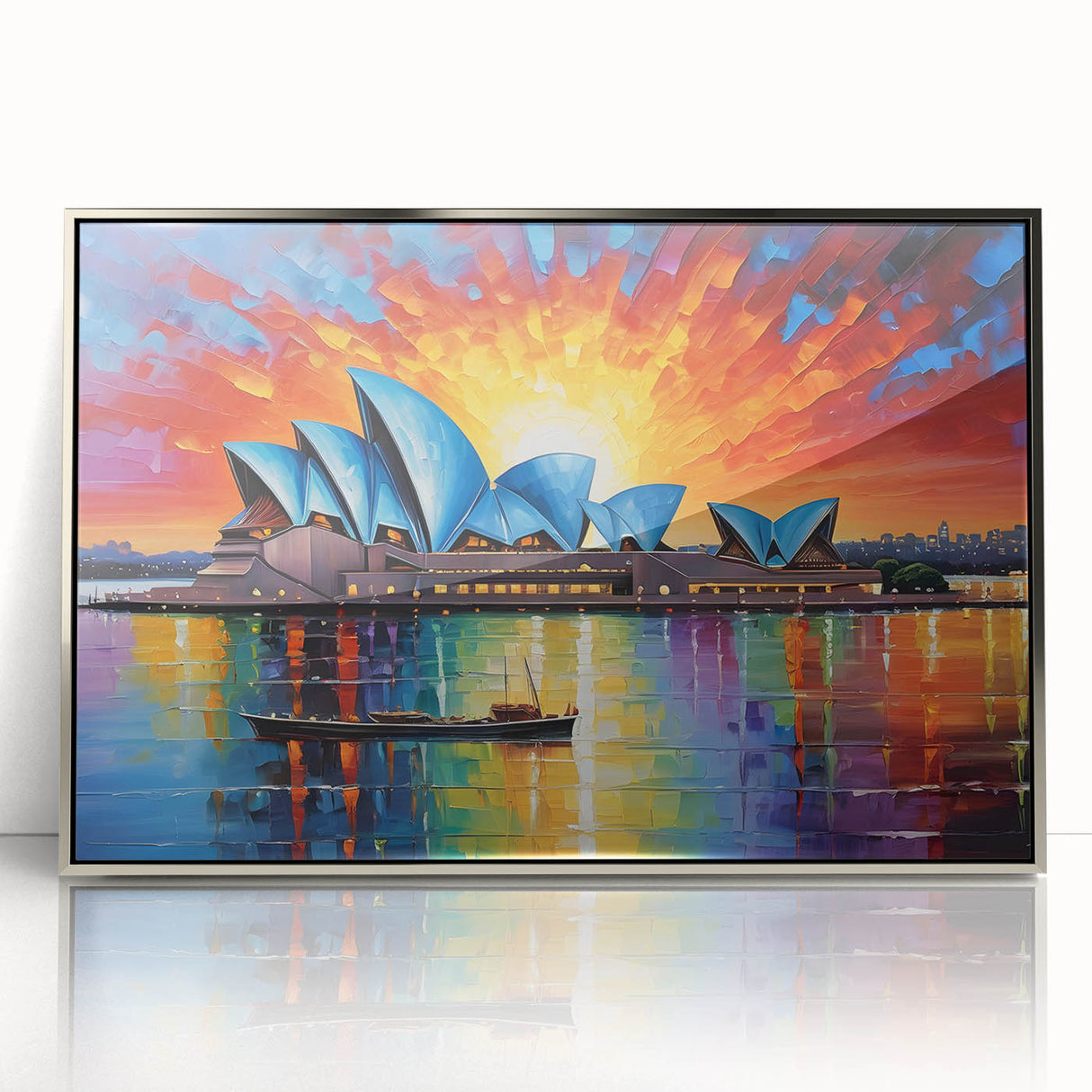 Art deco poster of Sydney skyline in silver hues on framed acrylic, ideal for modern nursery wall art.