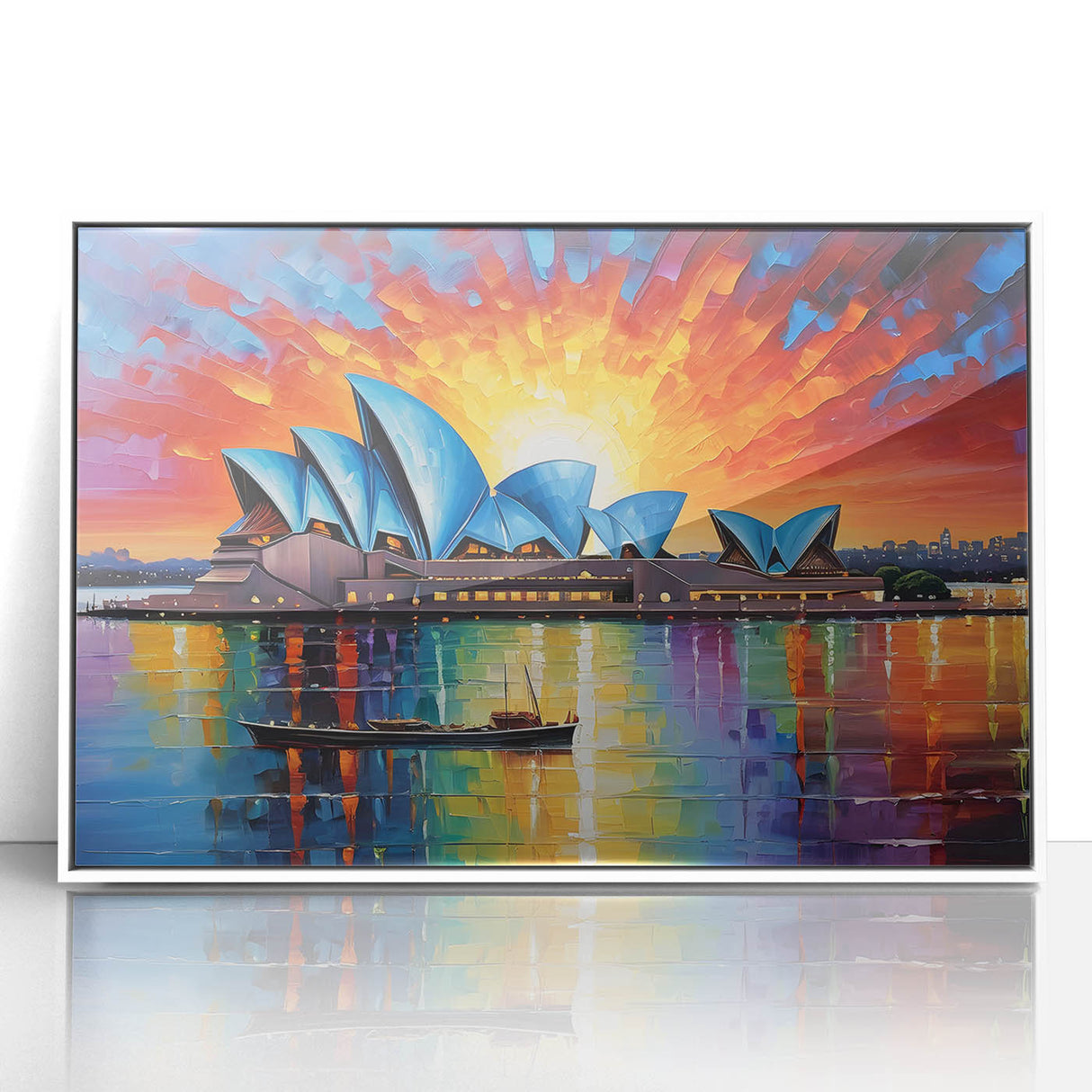 Acrylic print of Sydney skyline in muted blue tones, framed in white, suitable for modern nursery decor.