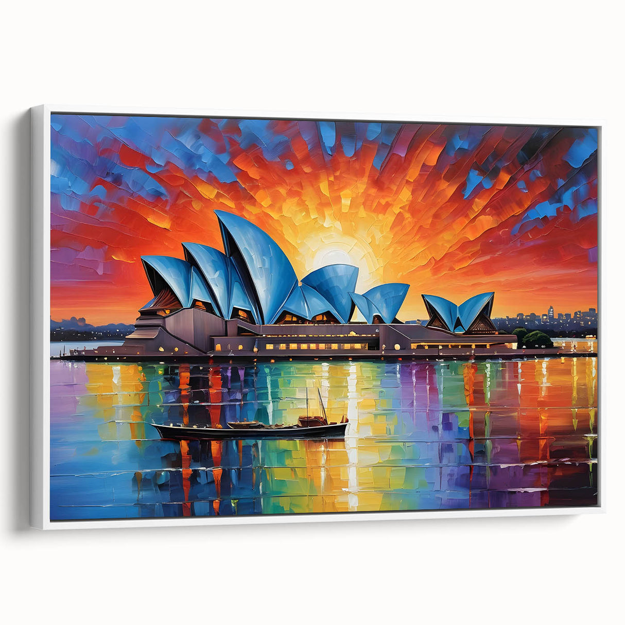 Landscape art painting of Sydney, featuring colorful skyline on white framed canvas, ideal for modern living room decor.