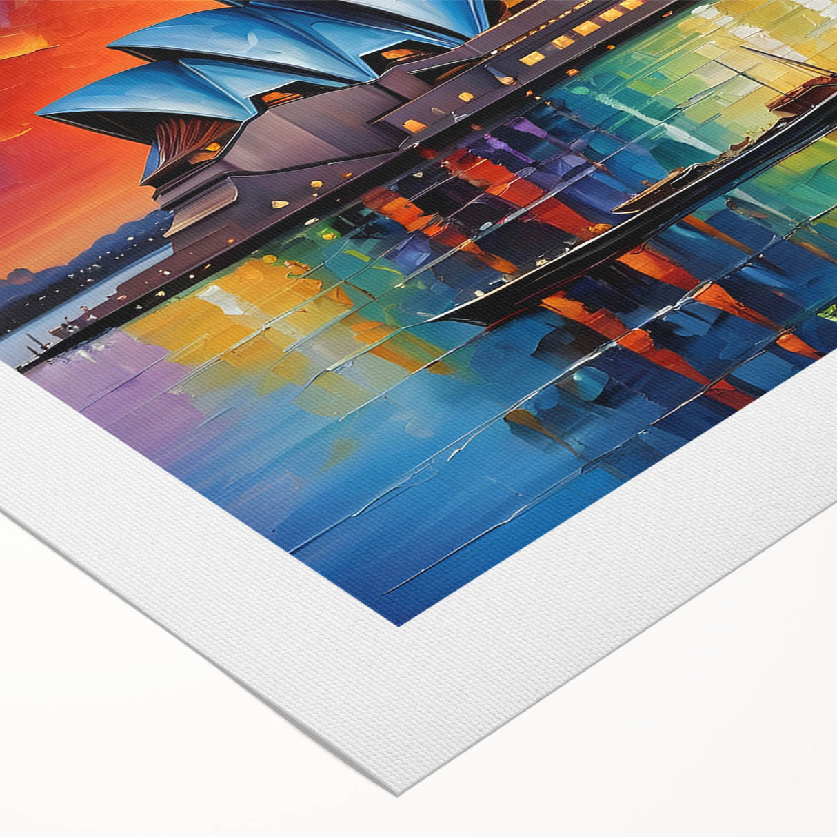 Art deco poster of Sydney skyline in muted blue tones on rolled canvas, suitable for dining room wall art.