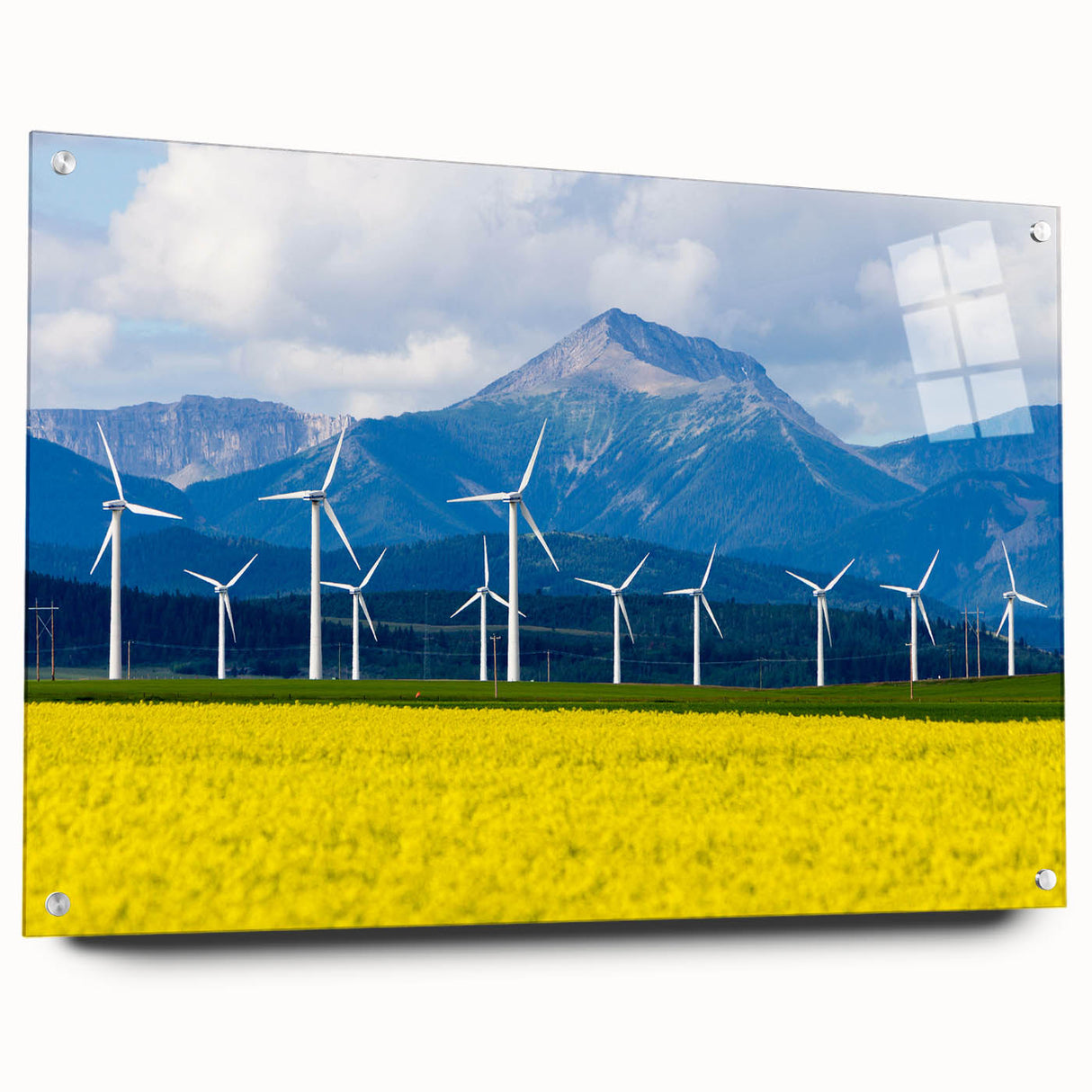 Acrylic print of a serene Alberta, Canada landscape, in soft blue and green tones, suitable for dining room decor.