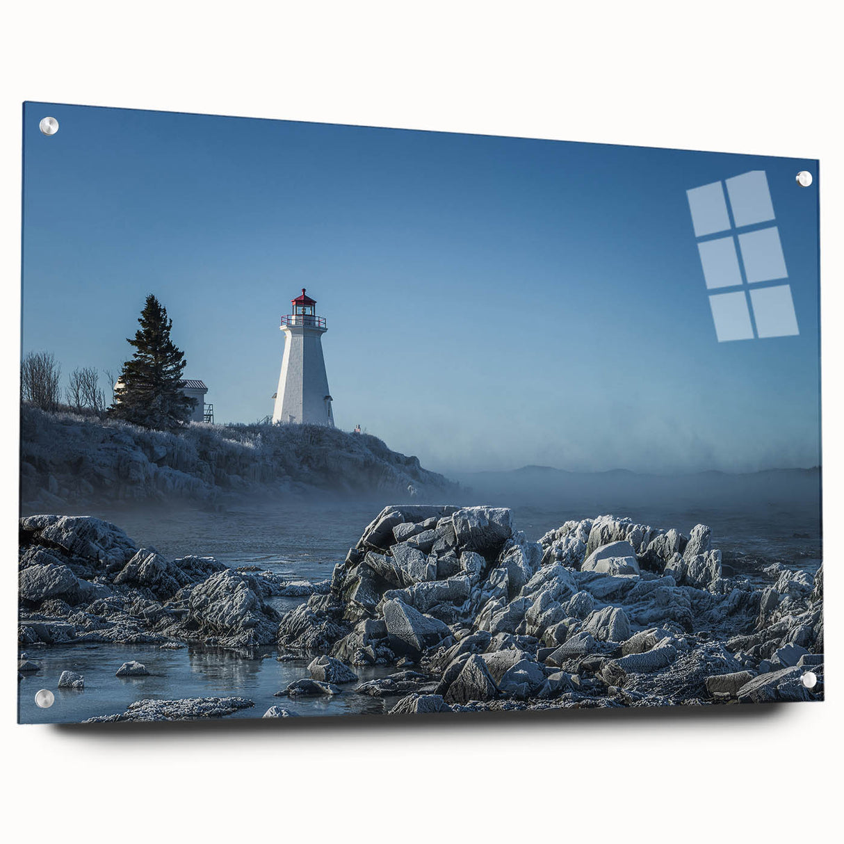 Acrylic print of a New Brunswick landscape with lush greenery and a river, in soft natural tones.