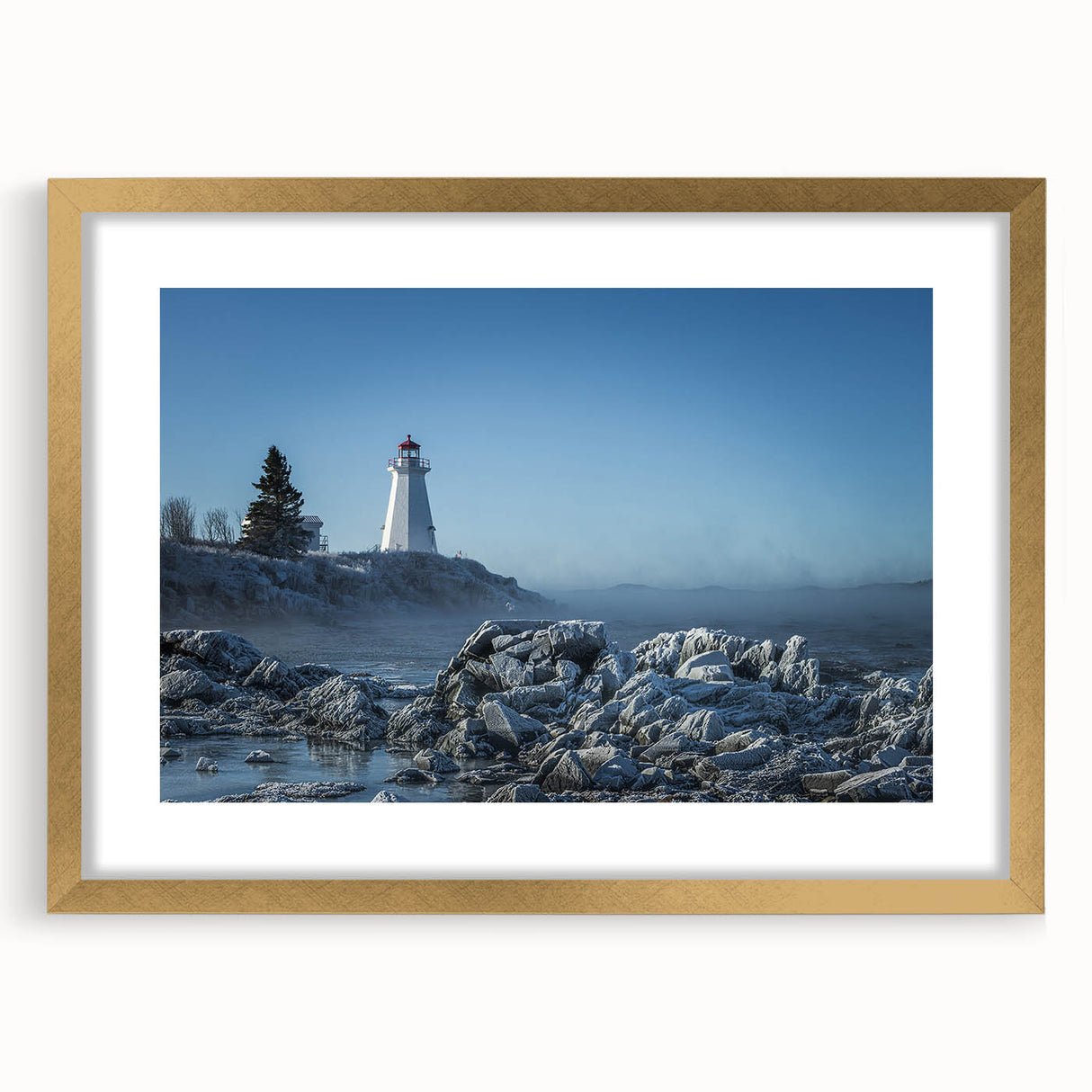 Extra large abstract art print of New Brunswick scenery in gold frame, featuring textured hues of blue and gray.