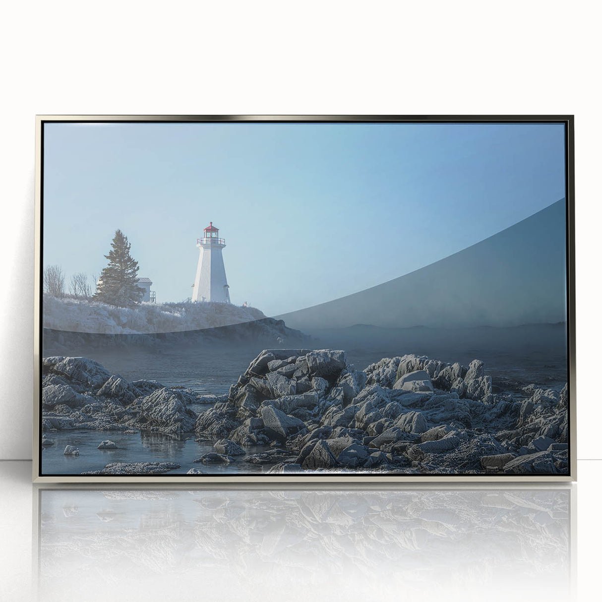 Mid-century modernist art depicting New Brunswick scenery, in muted earth tones on a framed acrylic.