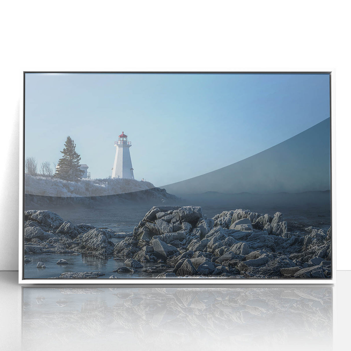 Acrylic print of a serene New Brunswick landscape in soft pastel colors, framed in white, suitable for nursery wall art.