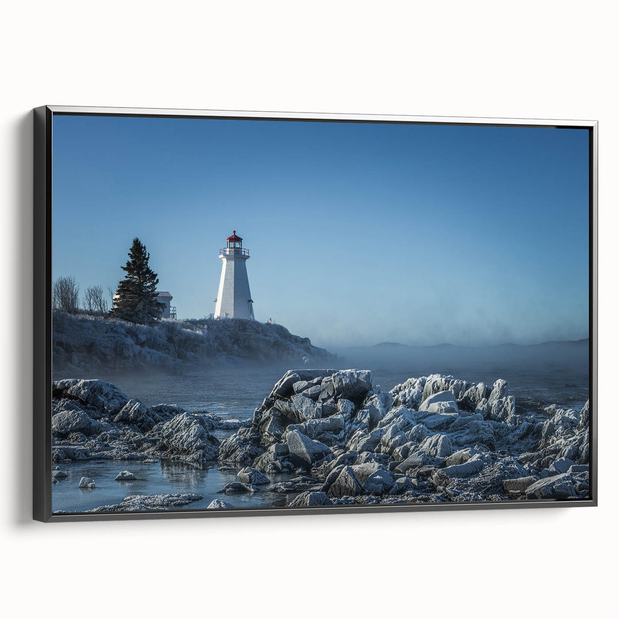 Black and white framed canvas of New Brunswick landscape, ideal for bedroom wall art.
