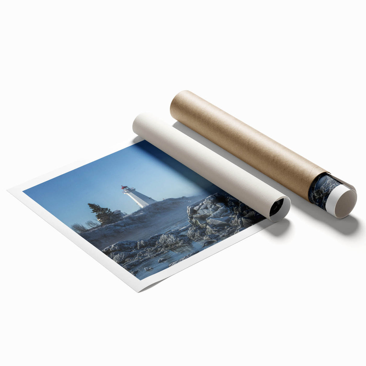 Extra large rolled print of New Brunswick scenery with muted green and blue tones, ideal for classy bathroom wall art.