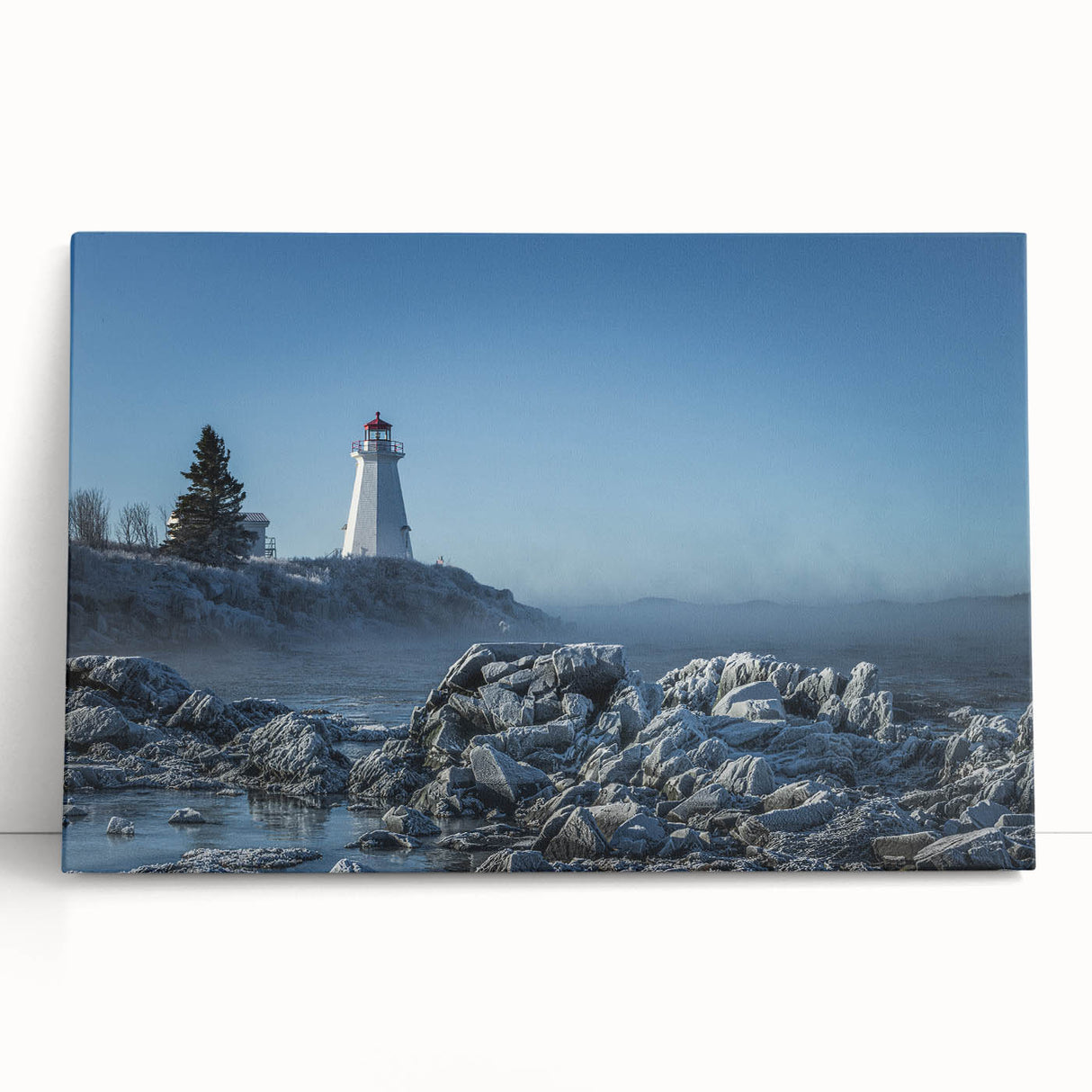 Black and white stretched canvas of New Brunswick scenery, ideal for kitchen wall art or bedroom ambiance.