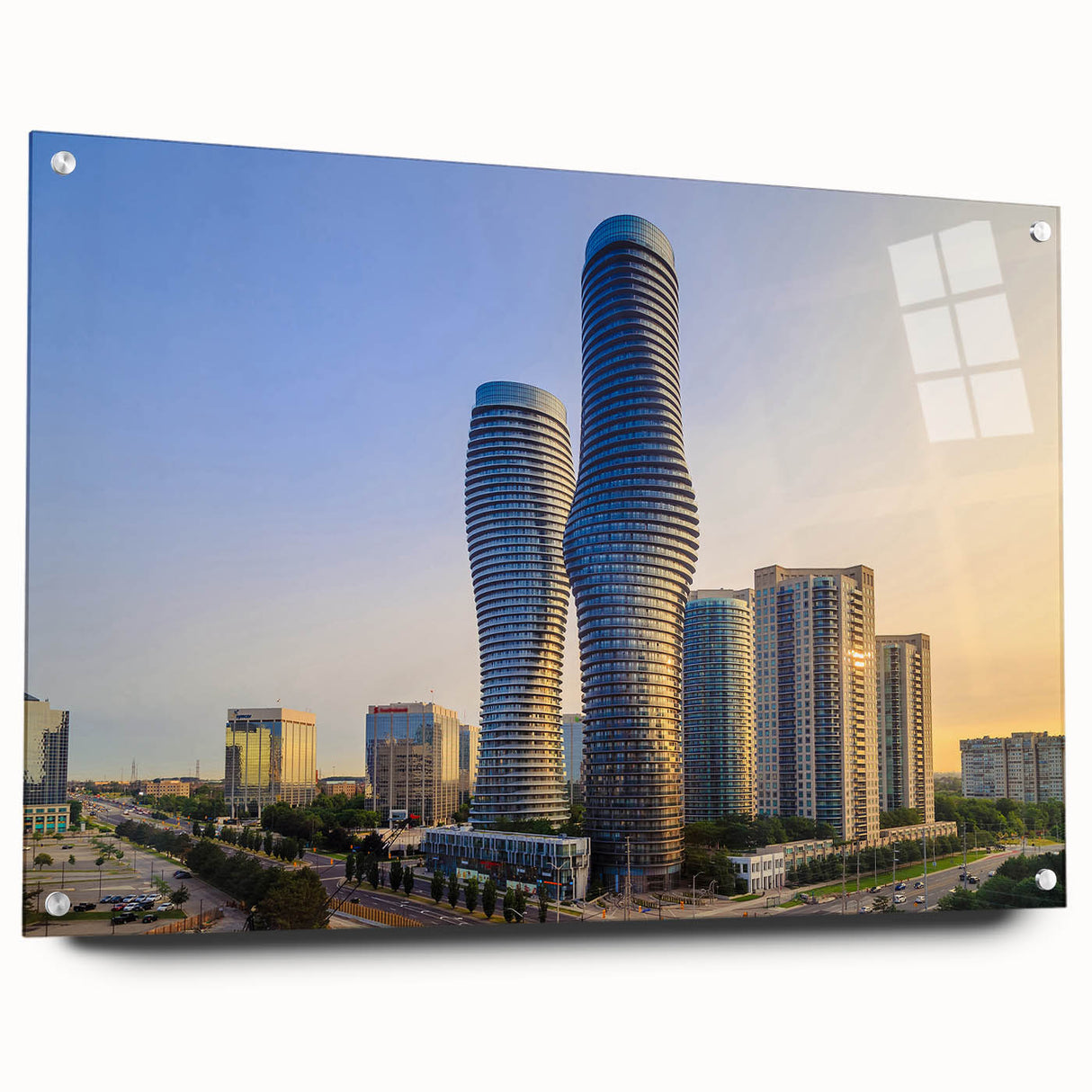 Large abstract wall art of Ontario, Canada scenery on acrylic glass, in vivid blue and green tones.