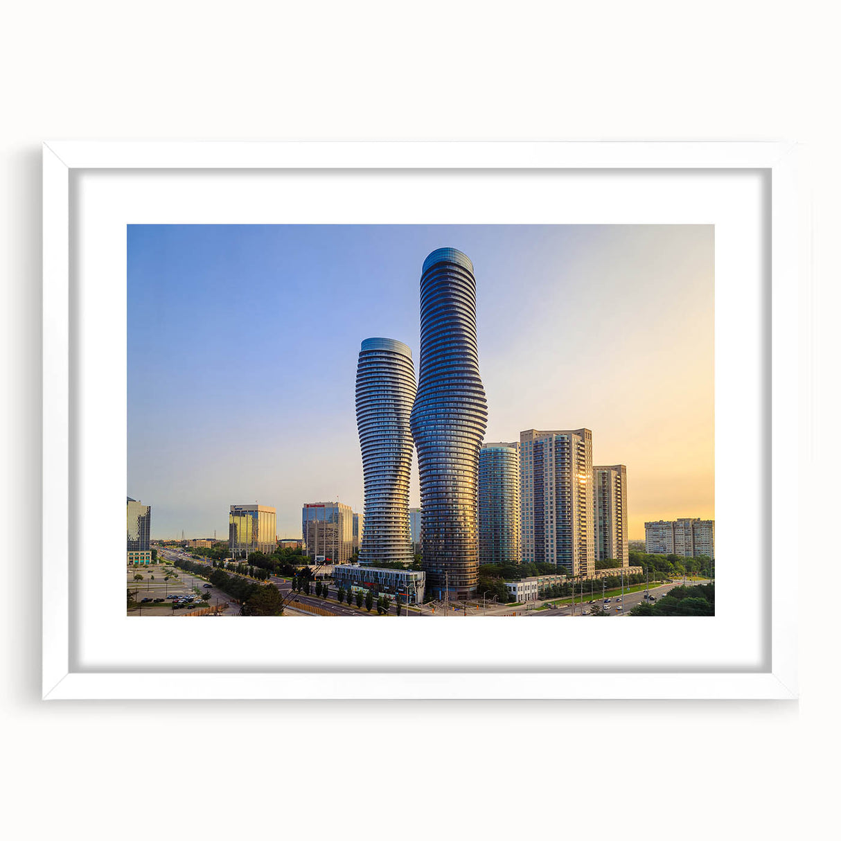 Abstract art print of Ontario scenery in muted earth tones on a framed canvas, ideal for dining room decor.