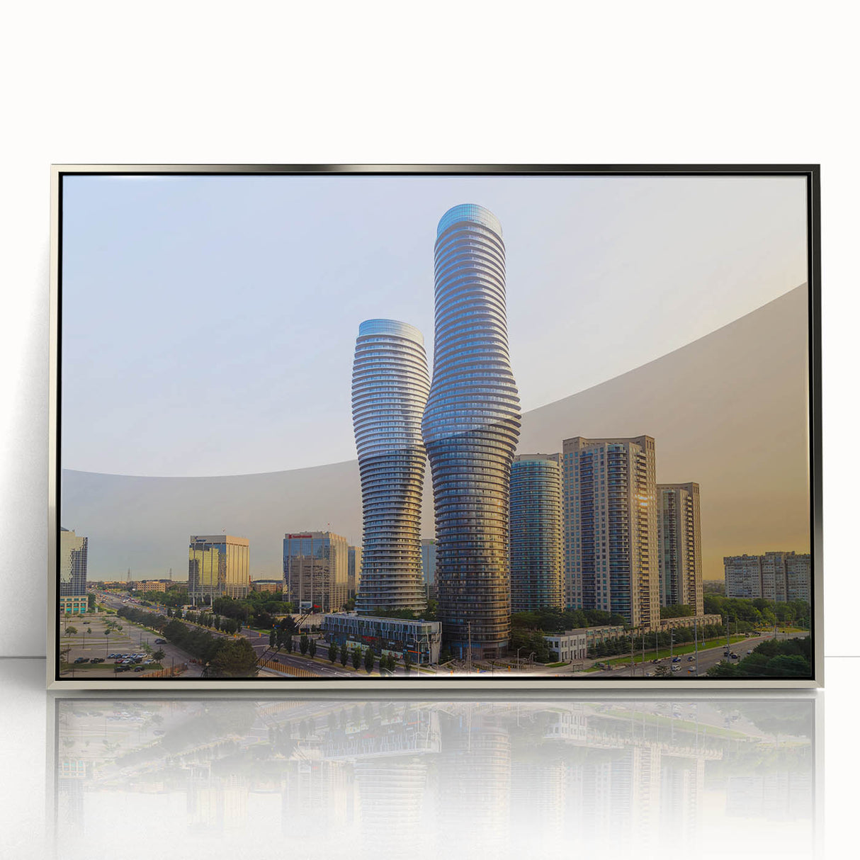 Mid-century modernist art depicting Ontario scenery in muted earth tones on a silver-framed acrylic print.