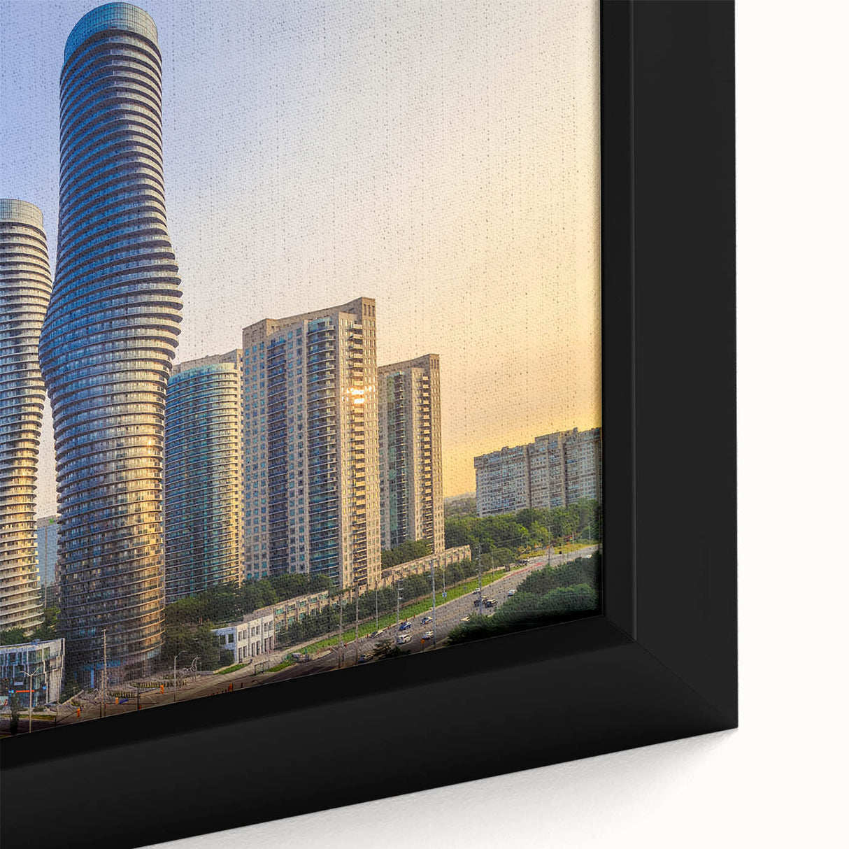 Close-up of a textured black wall art depicting a colorful Ontario, Canada scenery on a framed canvas.