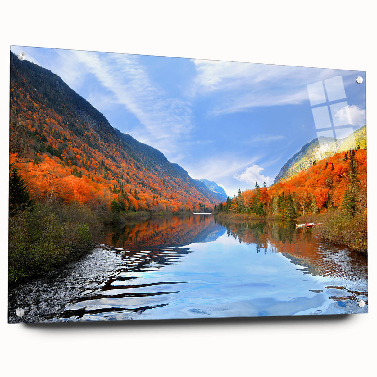 Acrylic print of a serene Quebec landscape in muted greens and blues, ideal for bedroom or dining room decor.