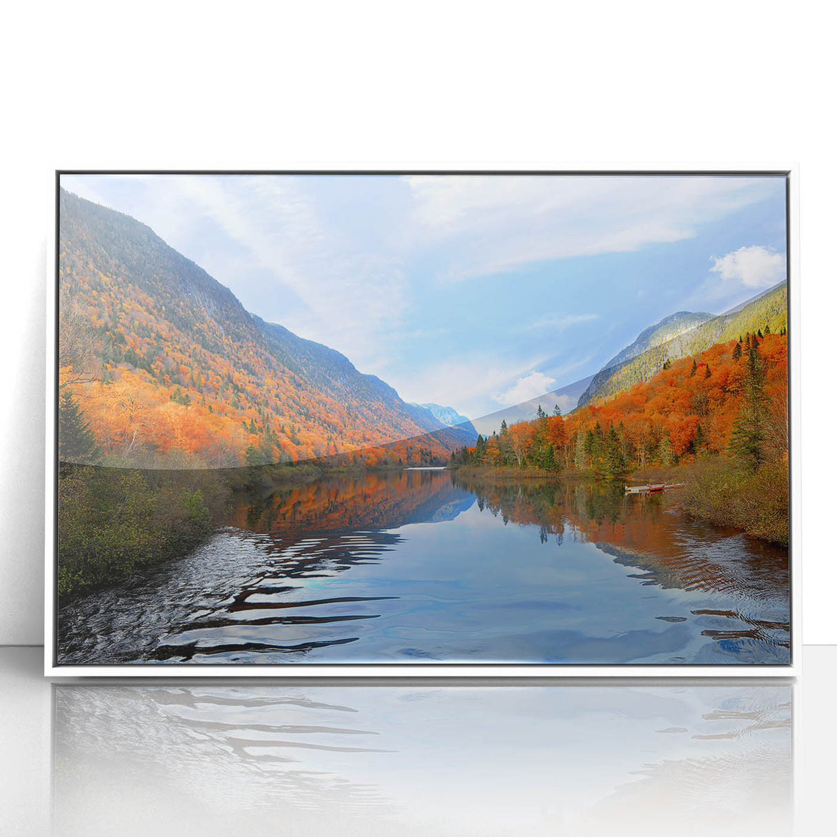 Acrylic print of Quebec scenery in art deco style with muted blue and white tones, ideal for modern nursery wall art.