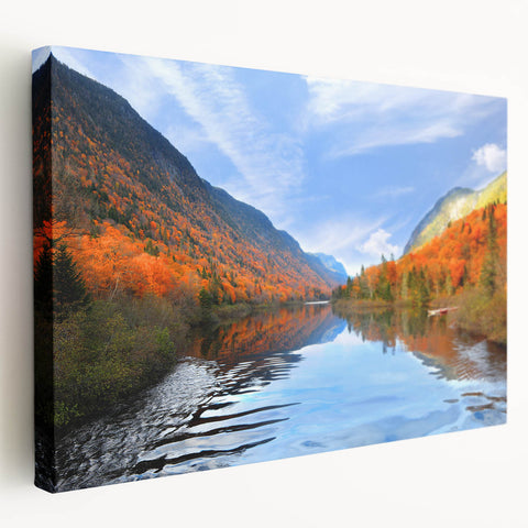 Scenic Quebec landscape on large stretched canvas, featuring vibrant green and blue tones, ideal for kitchen wall art.
