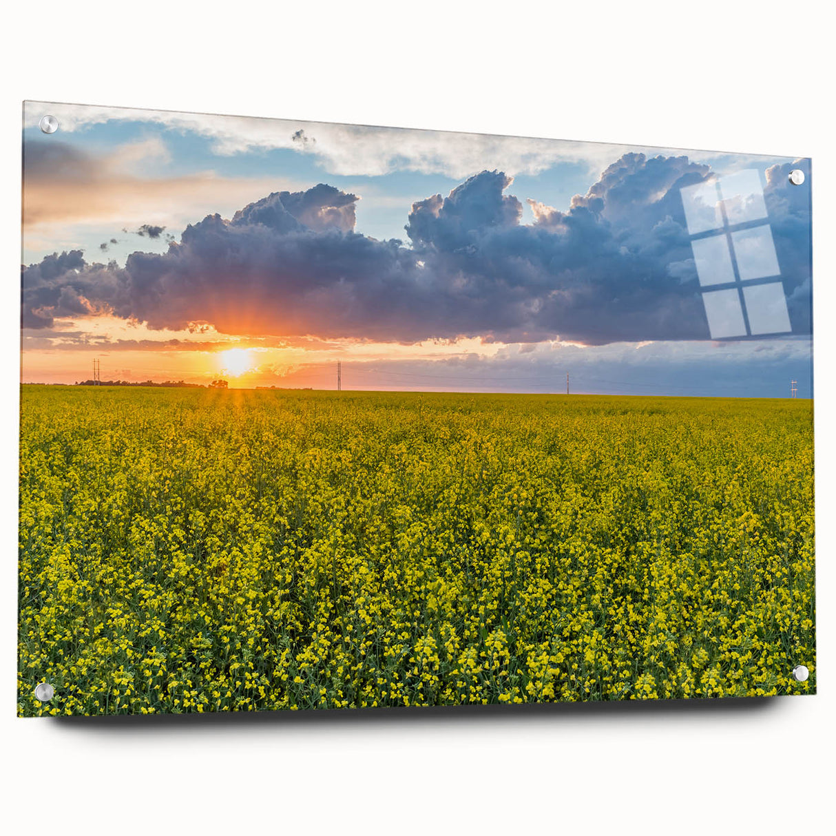 Large abstract wall art depicting a serene Saskatchewan landscape in cool blue and green tones, acrylic print.