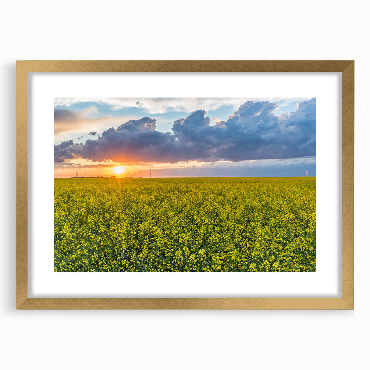 Extra large textured abstract art print depicting a serene Saskatchewan scenery in muted earth tones, framed with a gold mat.
