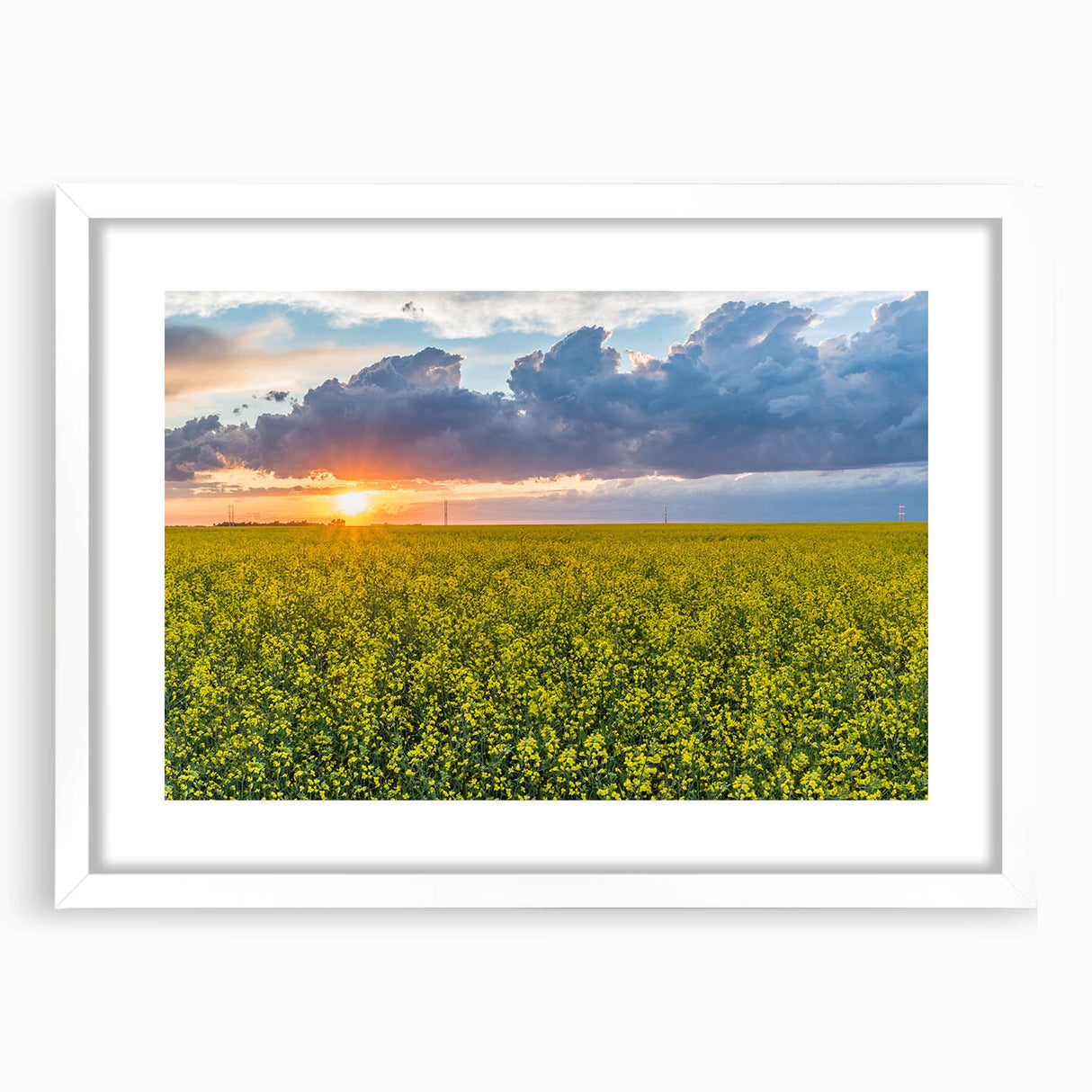 Abstract art print depicting a serene Saskatchewan landscape in muted earth tones, framed with a white mat.