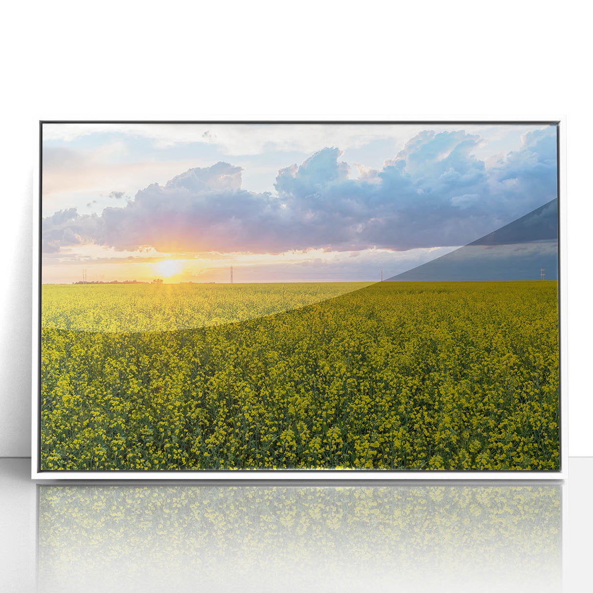 Acrylic print of a serene Saskatchewan landscape with soft blue and green tones, framed in white.