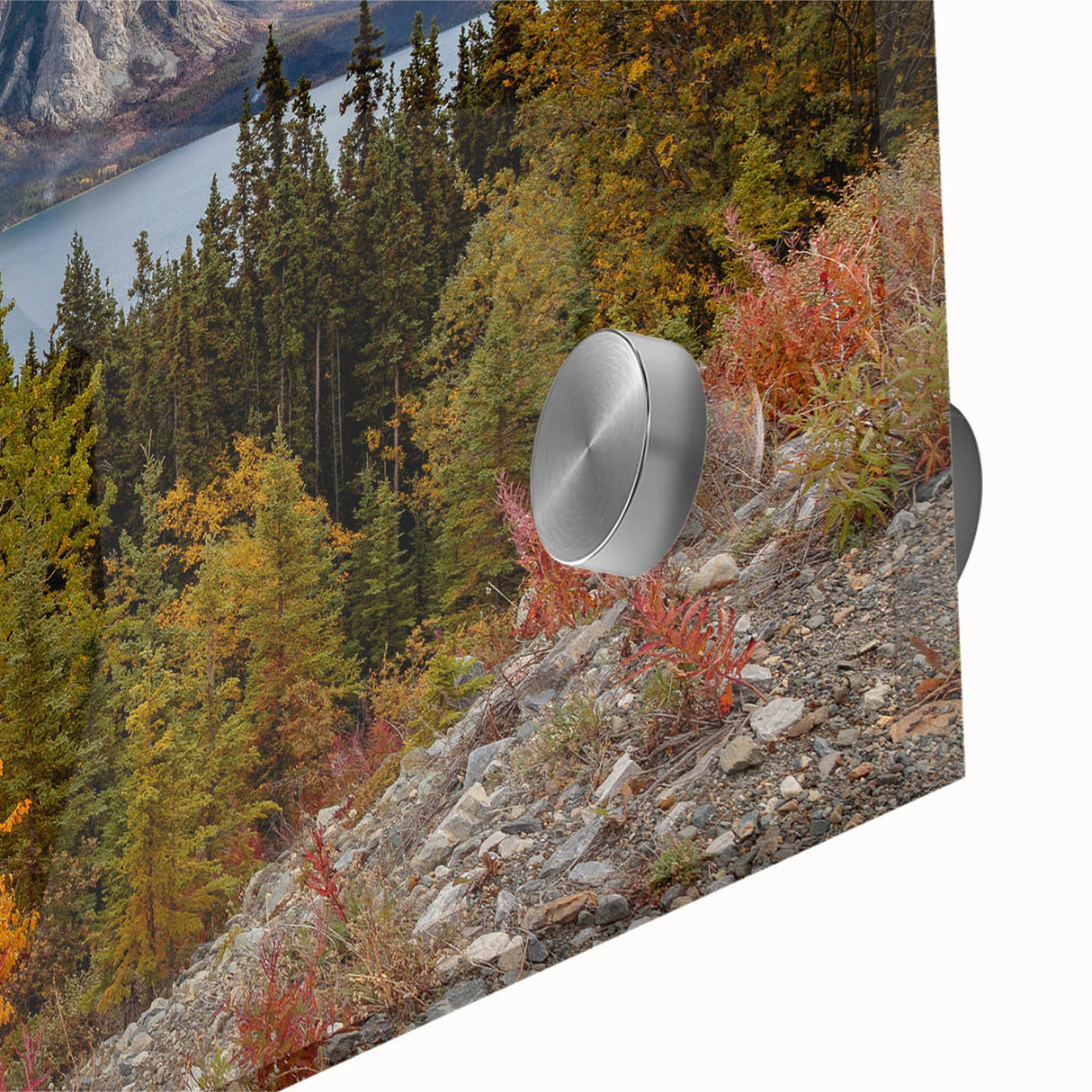 Large abstract wall art of Yukon scenery in muted earth tones on acrylic glass, suitable for dining room ambiance.