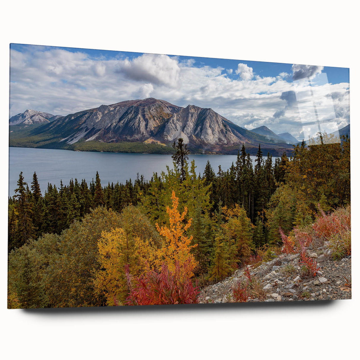 Acrylic print of a large abstract landscape depicting Yukon scenery in muted earth tones.