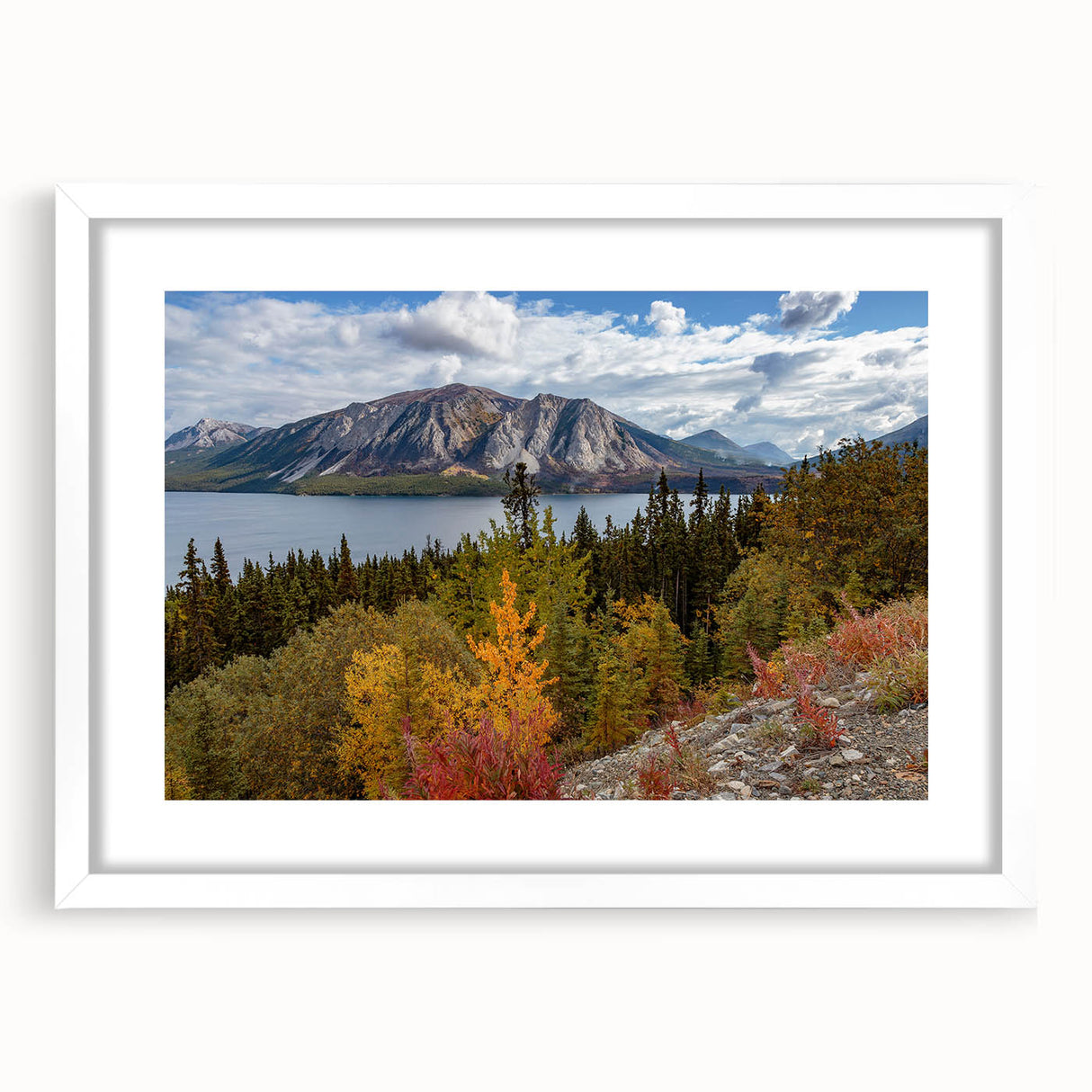 Abstract art print of Yukon scenery in muted earth tones on a white-framed canvas, suitable for bedroom or dining room decor.