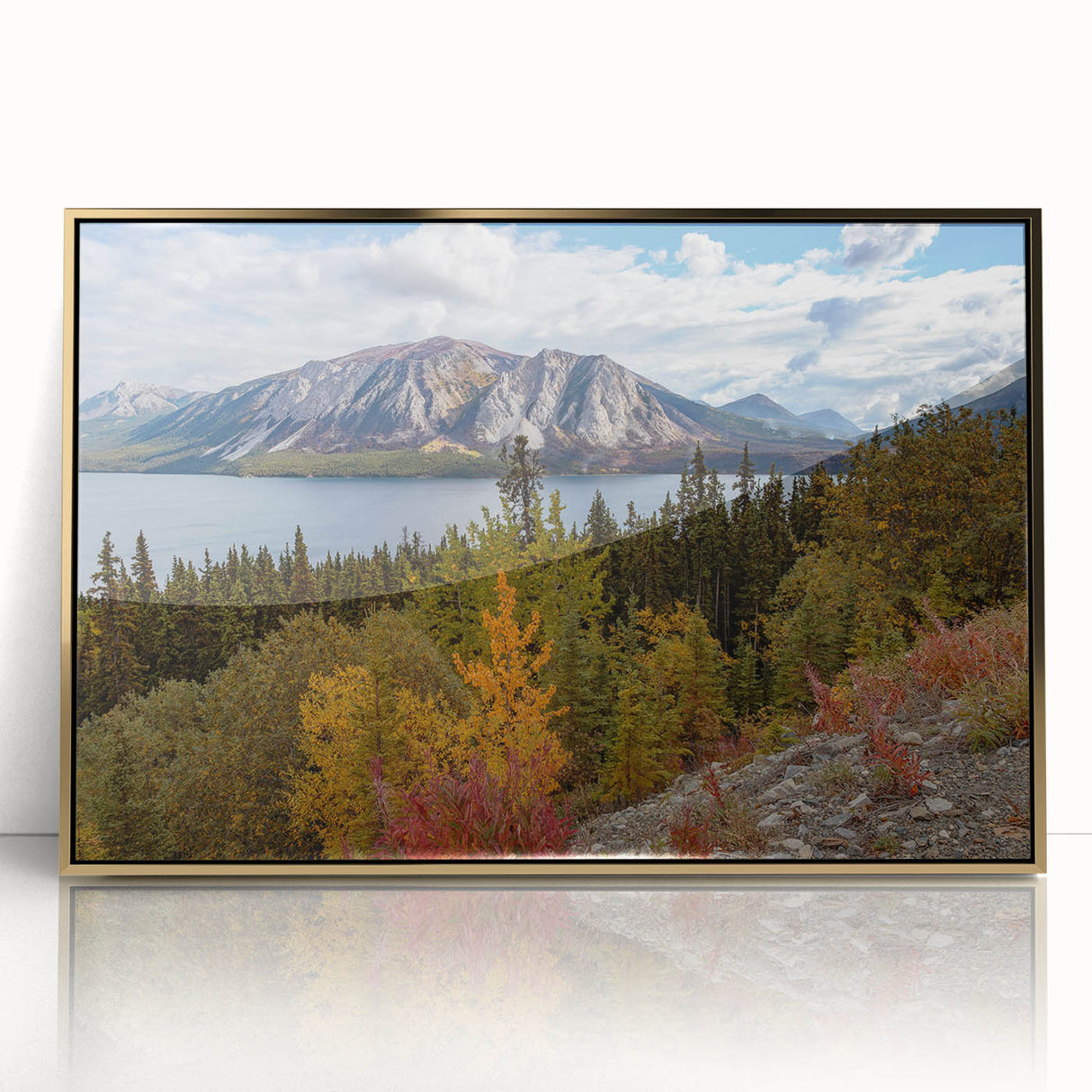 Large art print of Yukon scenery in mid-century modernist style, featuring muted earth tones on a framed acrylic panel.