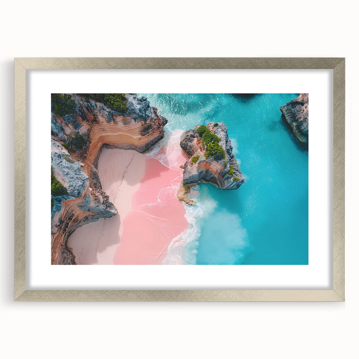 Abstract art print of Caribbean scenery in textured shades of blue and green, framed in silver.
