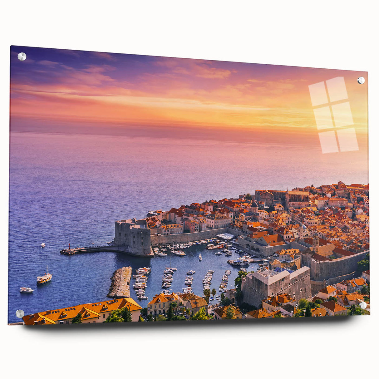 Acrylic glass print of a Croatian landscape in muted earth tones, suitable for bedroom or dining room decor.