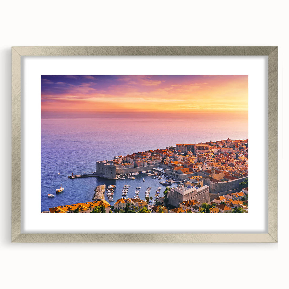 Extra large abstract art print of a Croatian landscape in muted earth tones on a framed canvas, ideal for living room decor.