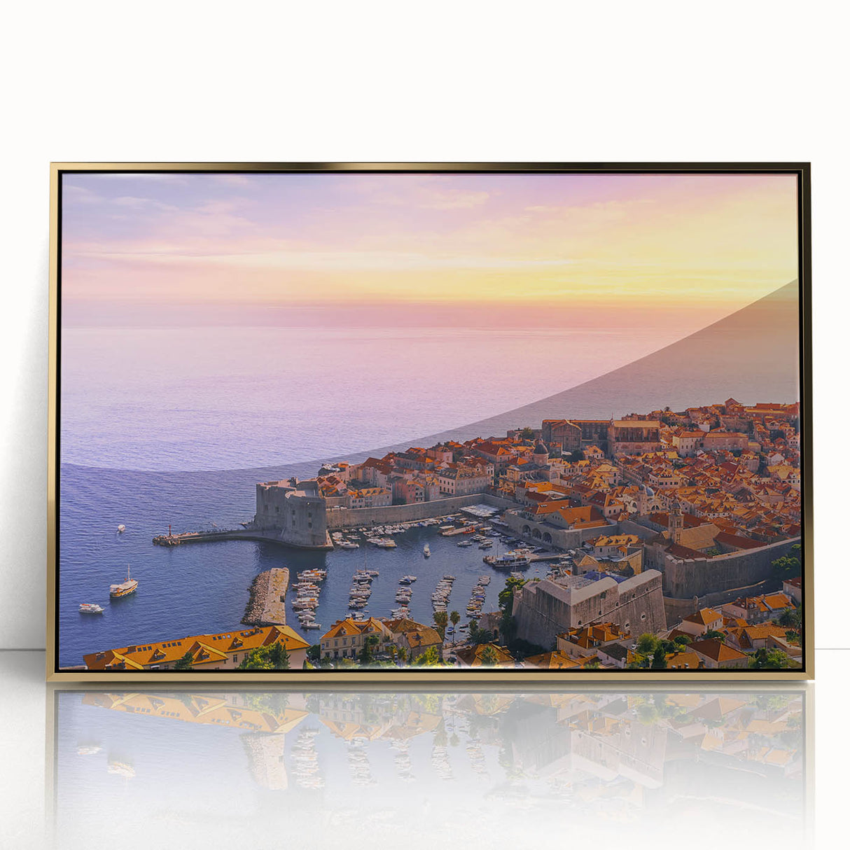 Art deco poster of a European Croatian scenery in vibrant gold and blue tones, framed acrylic.