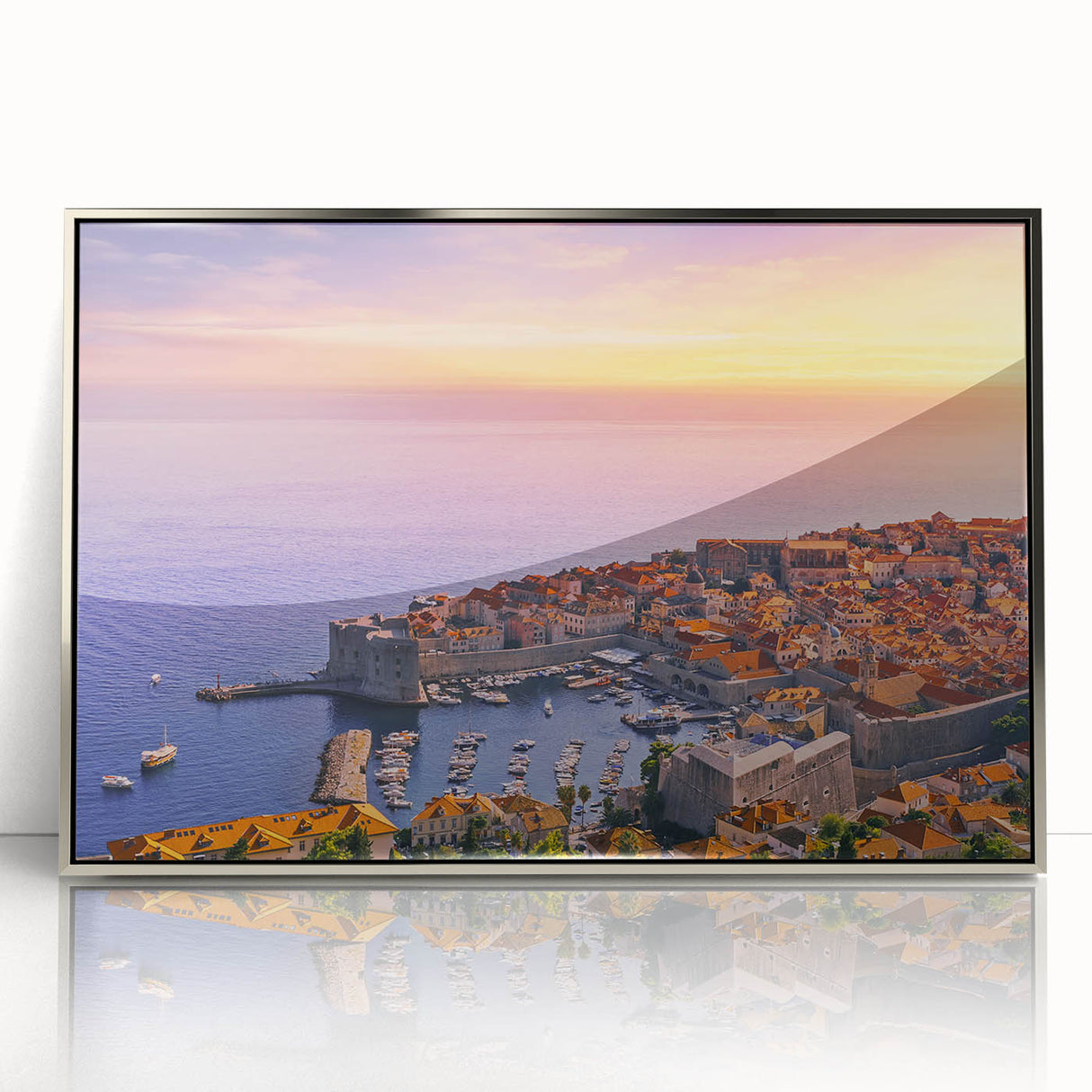 Large art print of a Croatian landscape in muted earth tones, silver-framed acrylic, ideal for modern art wall decor.