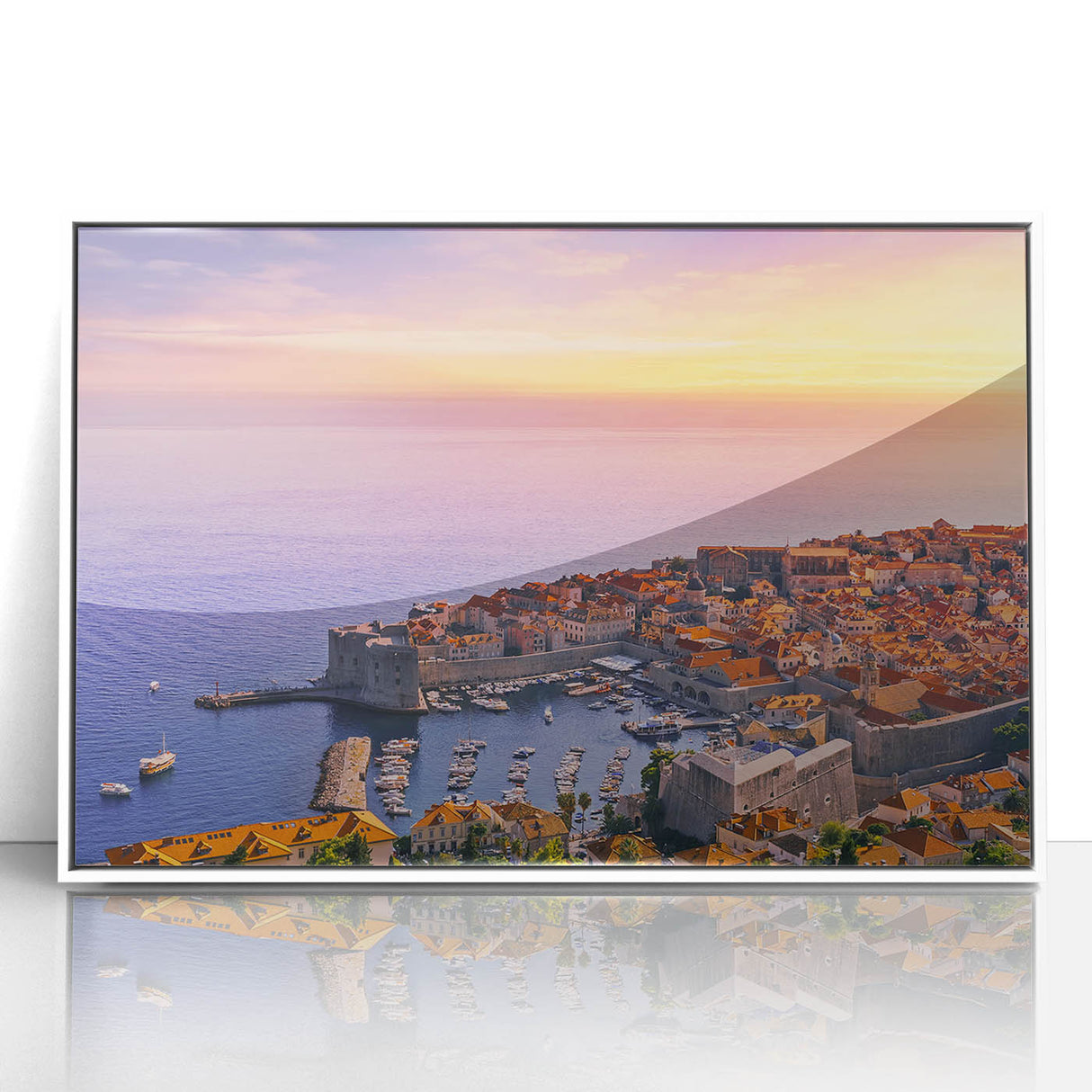 Mid-century modernist Croatian landscape in muted earth tones on a framed acrylic, suitable for nursery wall art.