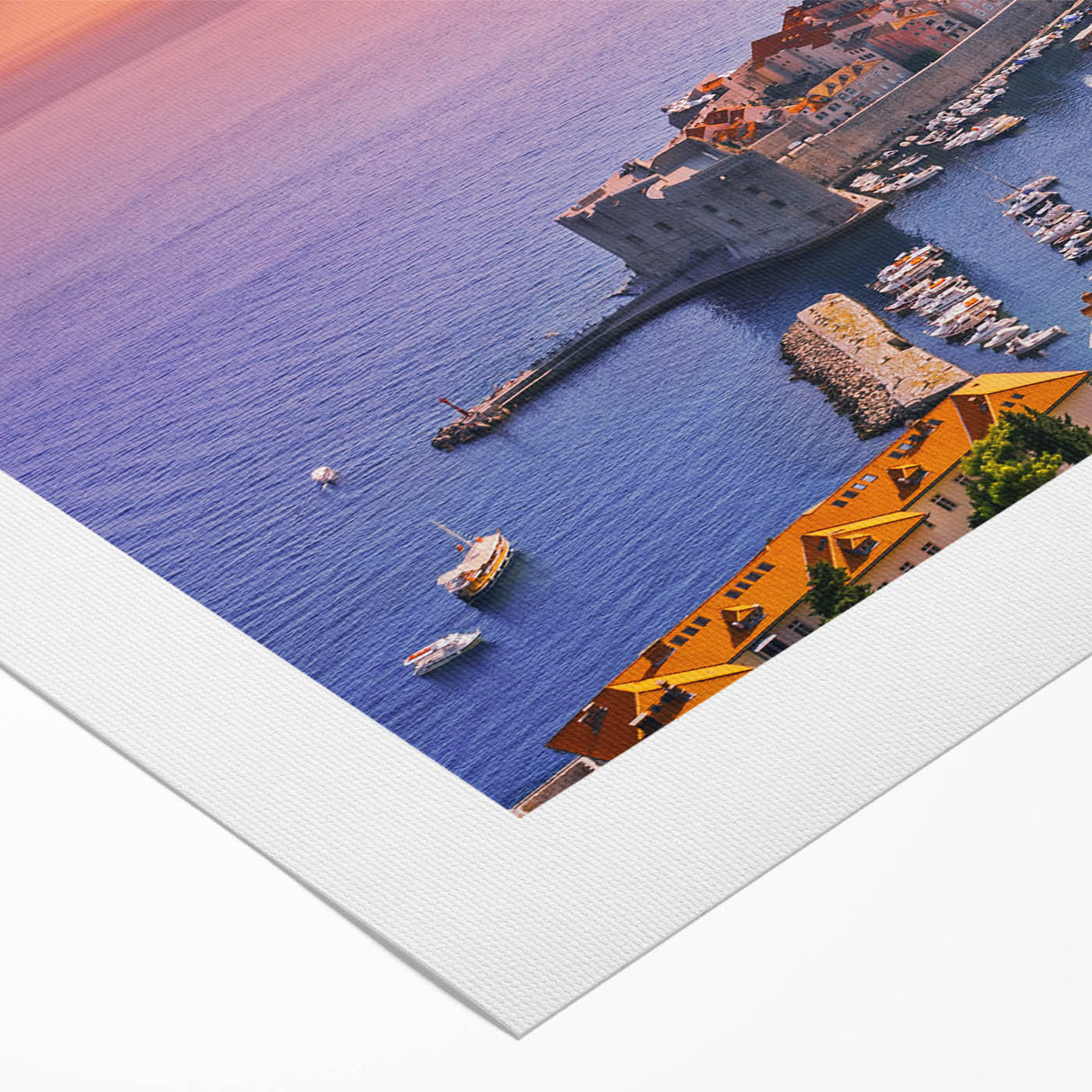 Art deco poster of a Croatian landscape in muted earth tones on rolled canvas, suitable for dining room decor.