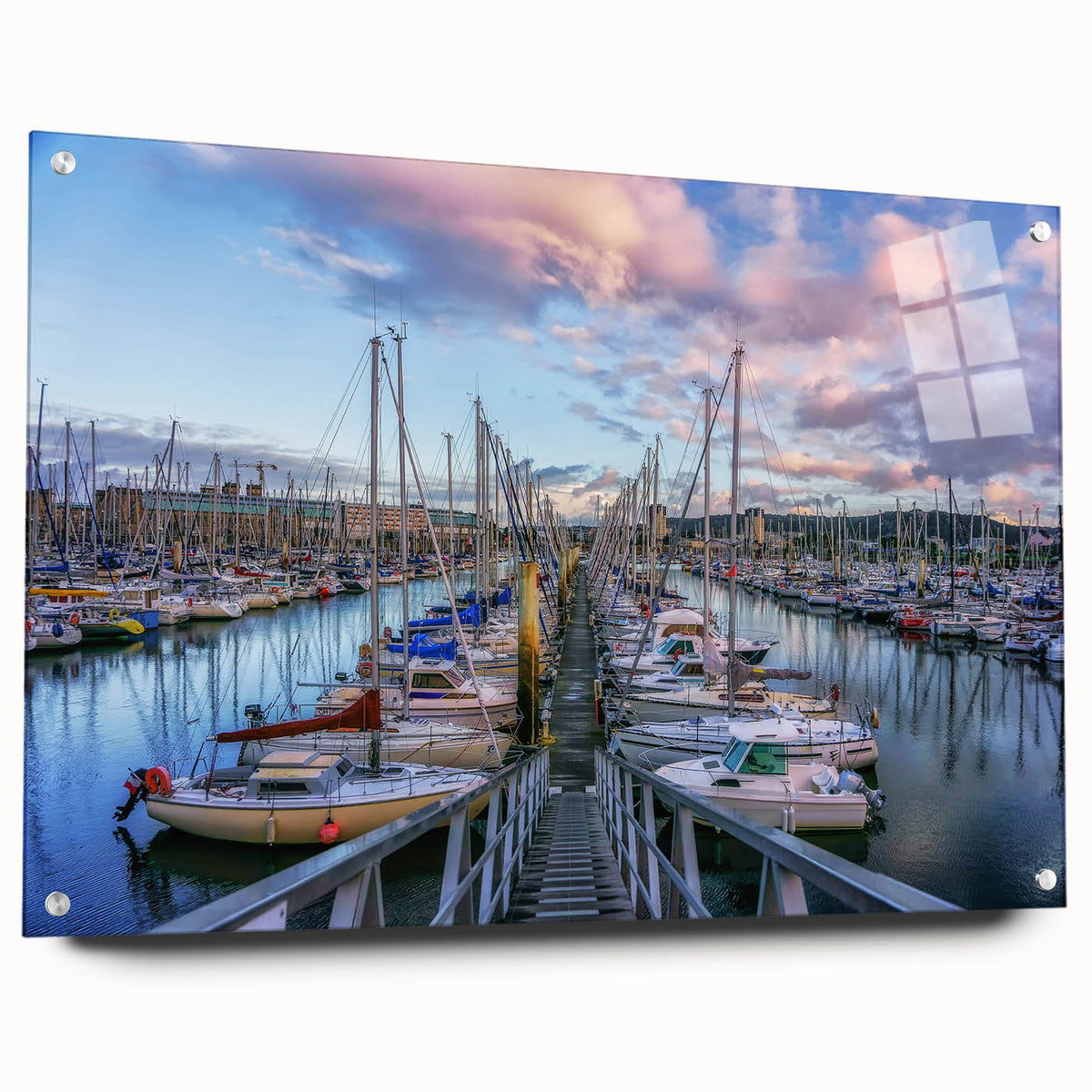 Acrylic print of a Normandy landscape, featuring muted green and blue tones, ideal for dining room decor.