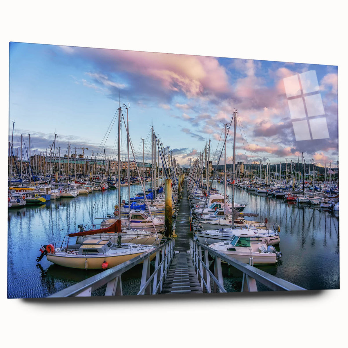 Acrylic print of a large abstract depiction of Normandy in muted blue and green, suitable for bedroom or dining room decor.