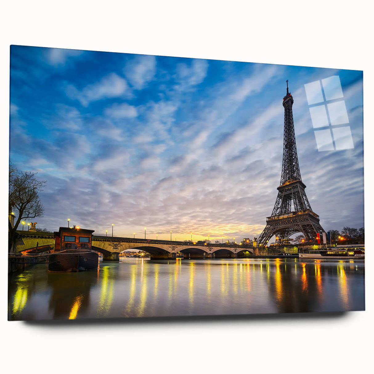 Large abstract depiction of Paris on acrylic glass, featuring muted earth tones, ideal for bedroom or dining room art.