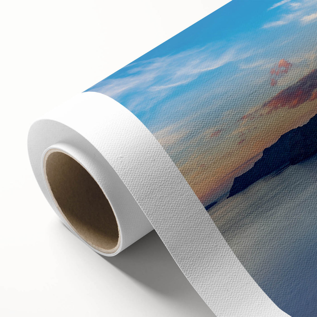 Art deco poster of Santorini, Greece with pastel blue and white tones on rolled canvas, ideal for nursery wall art.