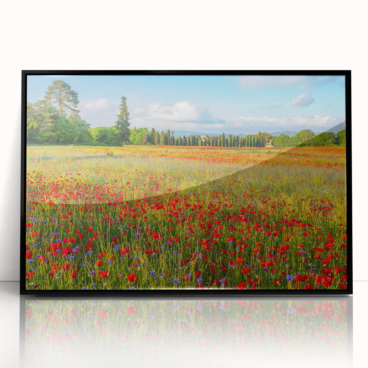 Large abstract wall art depicting a Tuscan landscape in muted earth tones, framed in black acrylic.