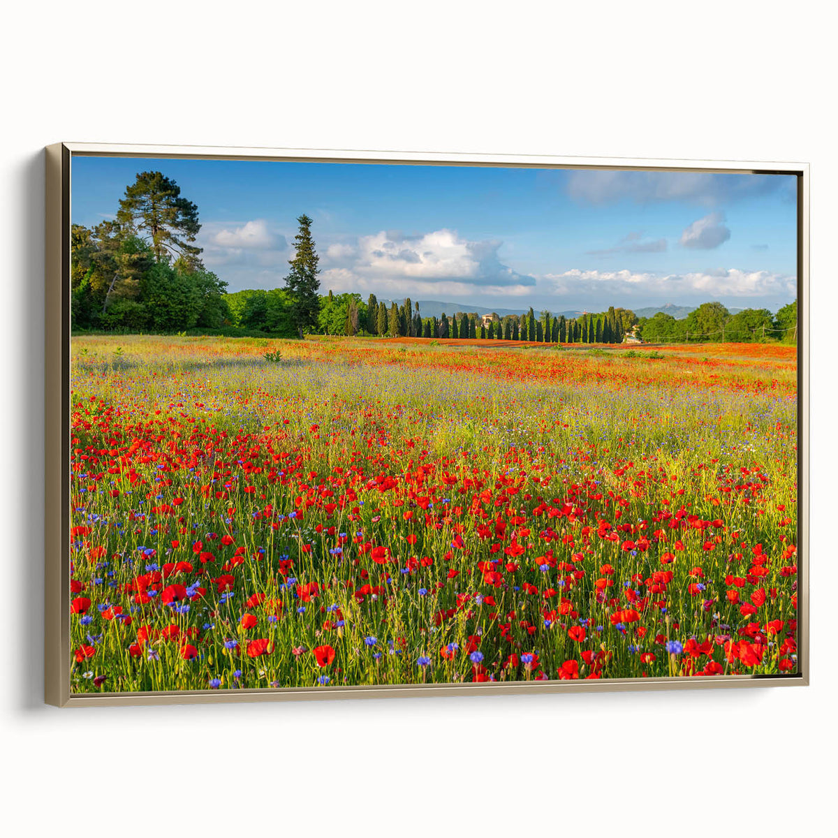 Framed canvas depicting a tranquil Tuscan landscape in muted earth tones, ideal for bedroom wall art.