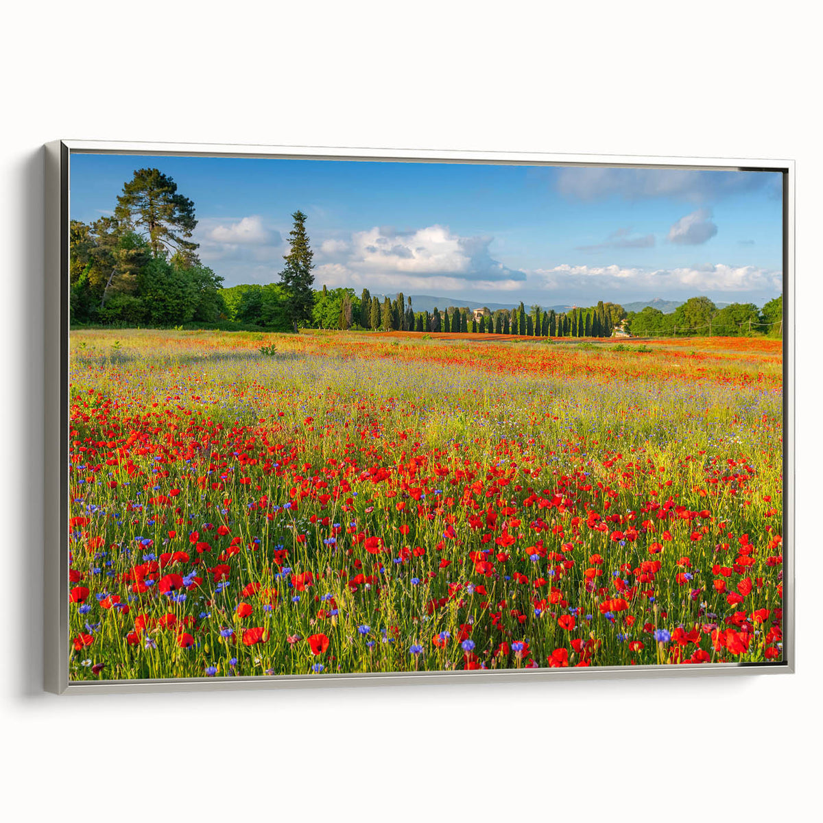 Landscape art painting of Tuscany scenery on framed canvas, featuring vibrant green and yellow fields.
