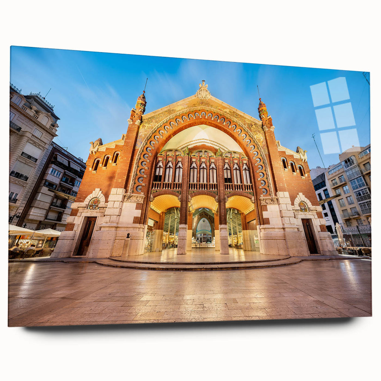 Large abstract wall art of Valencia scenery in muted earth tones on acrylic glass, suitable for bedroom or dining room decor.