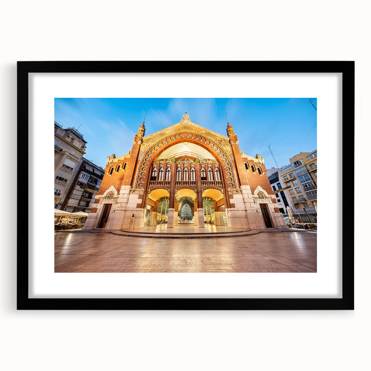 Colorful abstract art print of a textured European scenery in Valencia on a large framed canvas, ideal for living room decor.