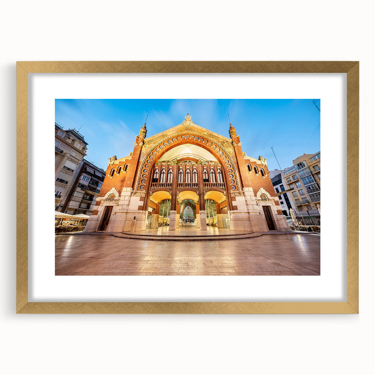 Extra large abstract art print of Valencia scenery in textured gold frame, ideal for living room decor.