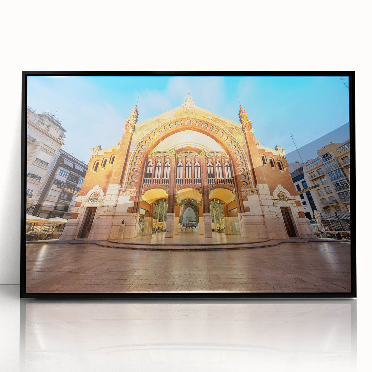 Large abstract wall art depicting a vibrant European Valencia scene in mid-century modernist style, framed in black acrylic.