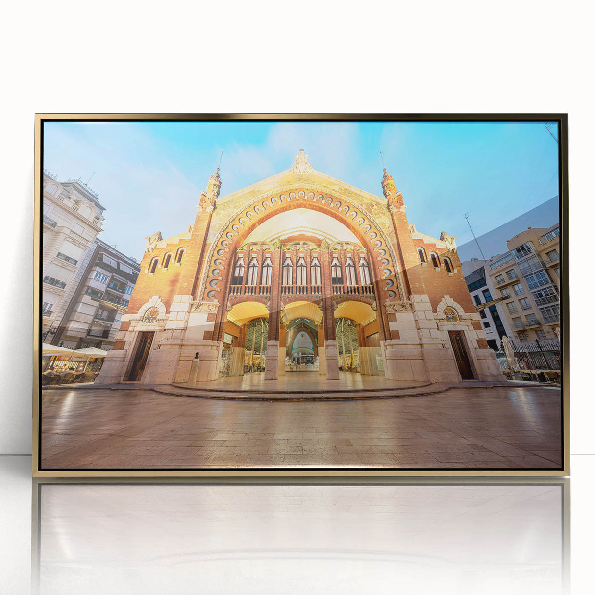 Mid-century modernist style large art print of Valencia scenery in gold frame, acrylic, ideal for modern art wall decor.