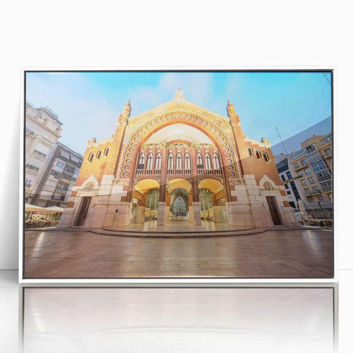 Art Deco style poster of Valencia scenery in muted cream and blue tones, framed acrylic, ideal for modern art wall decor.