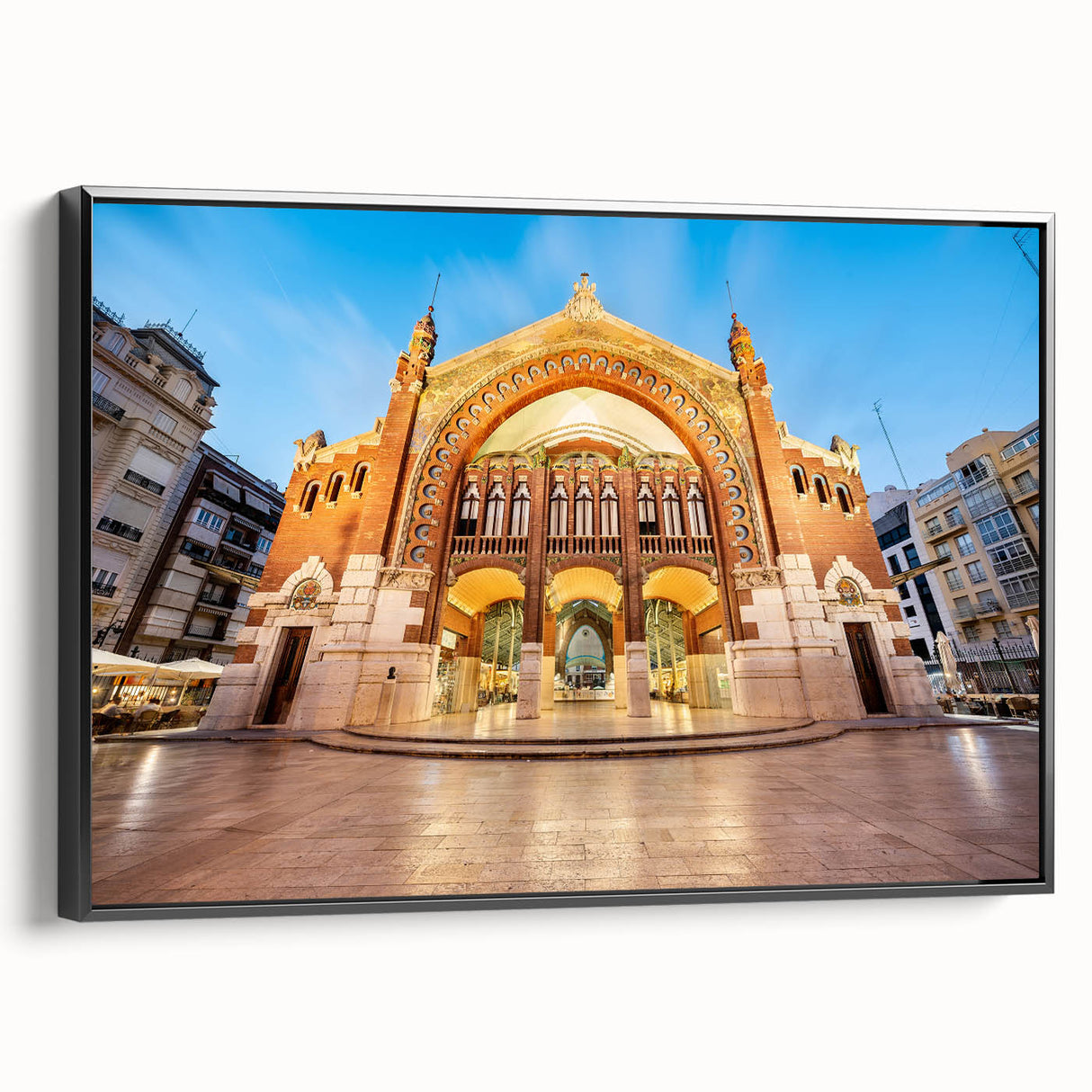 Black and white framed canvas of Valencia landscape, featuring vintage poster art style, ideal for bedroom decor.