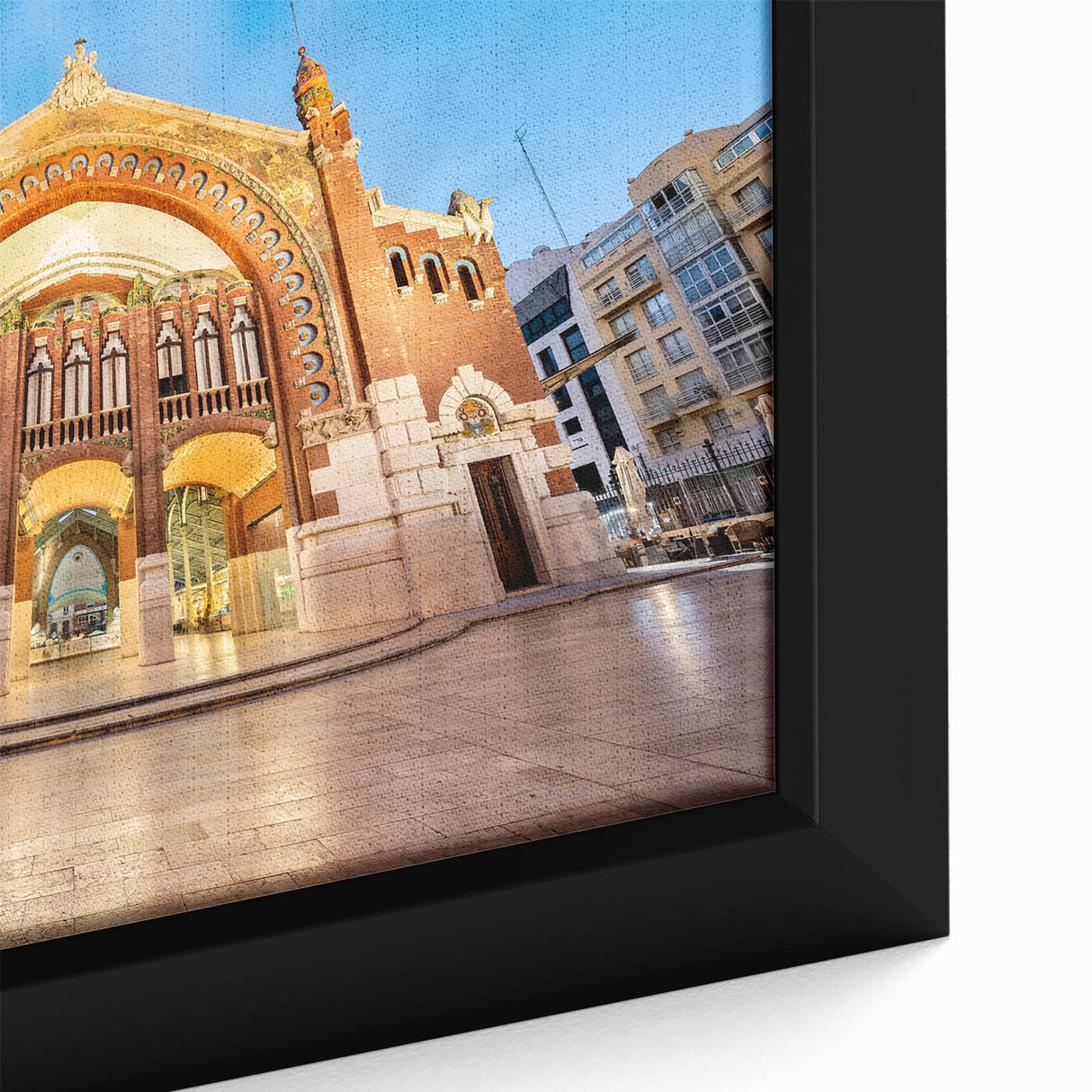 Textured black wall art depicting Valencia scenery on extra large framed canvas, ideal for living room decor.
